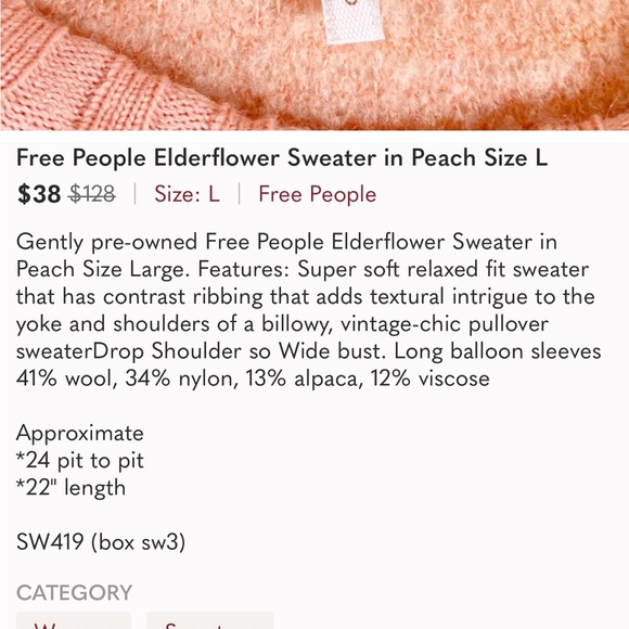 FREE PEOPLE • Elderflower Sweater Wool/Alpaca in Peach Size Large - Picture 6 of 15